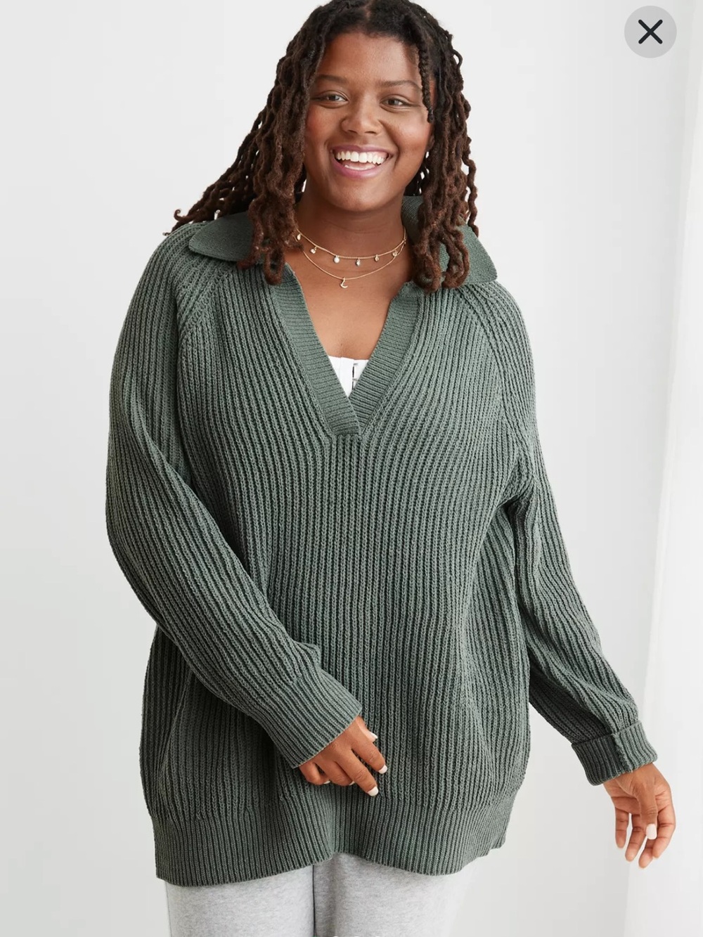 Aerie/American Eagle Dark Green/Palm Sugar Rush Chenille Collared Sweater